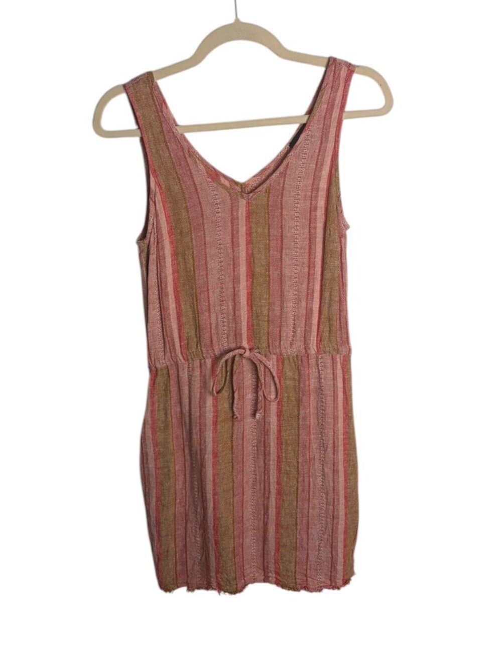Drew Size Xs Red Nat Dobby Stripe Linen Tank Dress Drawstring Waist Fringe Boho